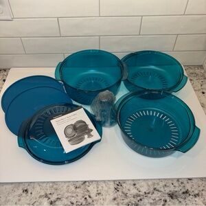 Tupperware Tupper-Wave Stack Cooker 7 Pc Aqua Blue Excellent Condition + Booklet